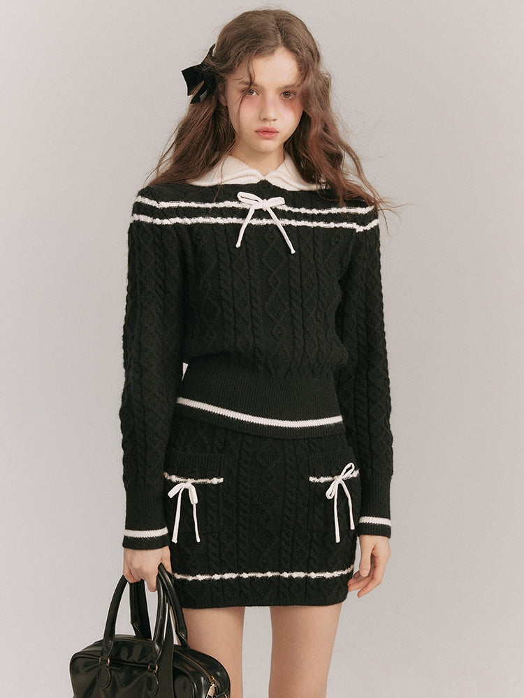 케이블 니트 대비 색상 스웨터 및 스커트