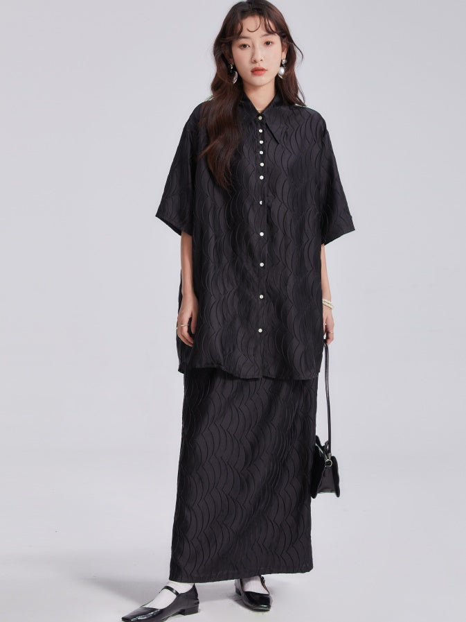 Satin Fish Scale Wrinkle Loose Shirt & Skirt
