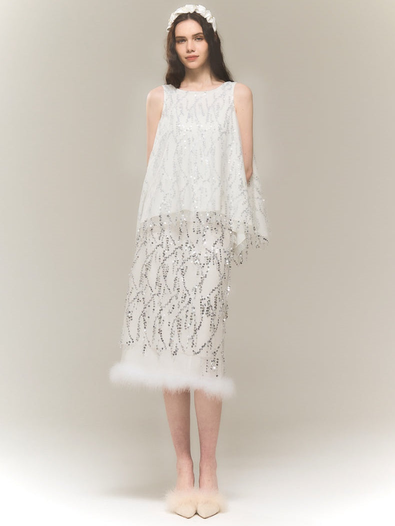 SEQUINED MESH IRREGULAR BLOUSE & SEQUINED SKIRT