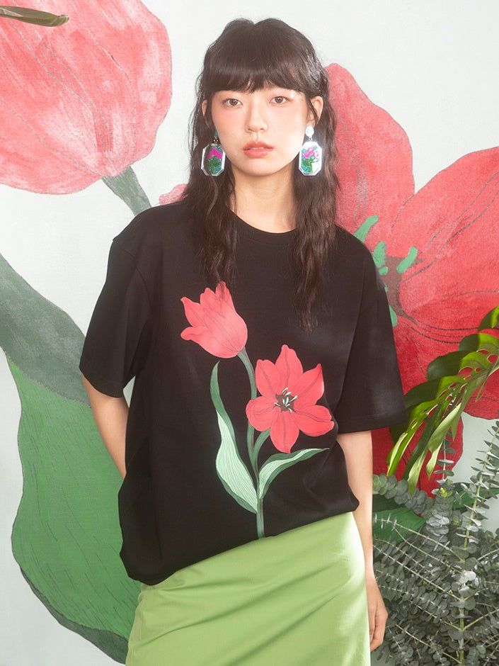 Tulip Print Drop Shoulder T-Shirt
