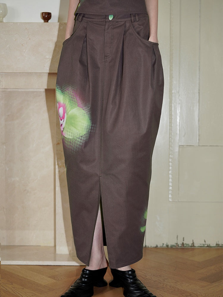 중국 스타일의 플로럴 프린트 버드 스커트