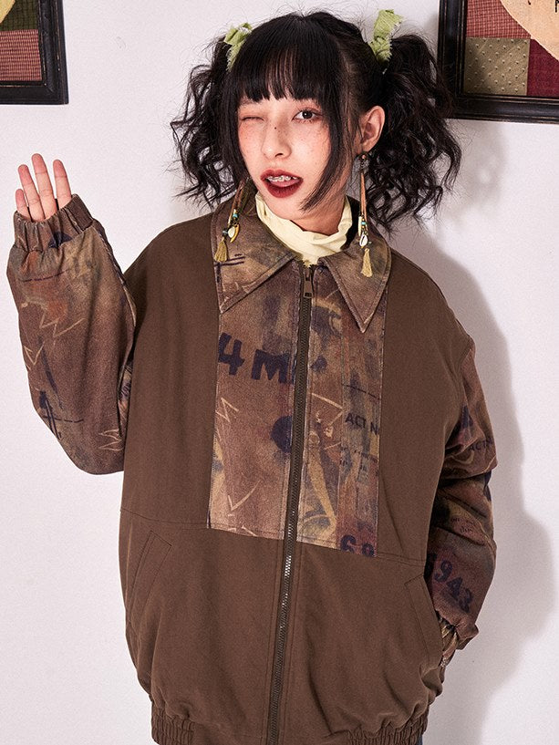 인쇄 패치 워크 드롭 어깨 패딩 재킷