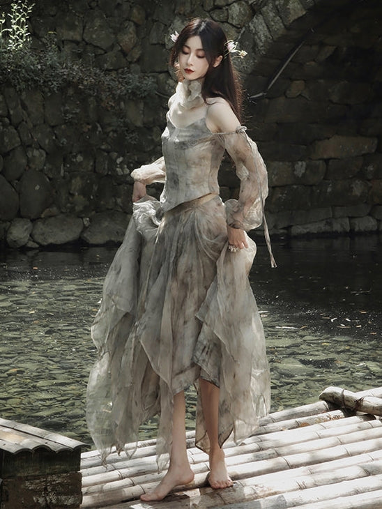 Printed Silk Fairy Puff Sleeve Top