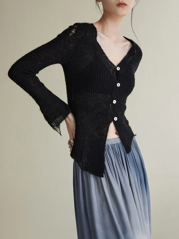 Asymmetrischer Mohair zerrissene Strickjacke