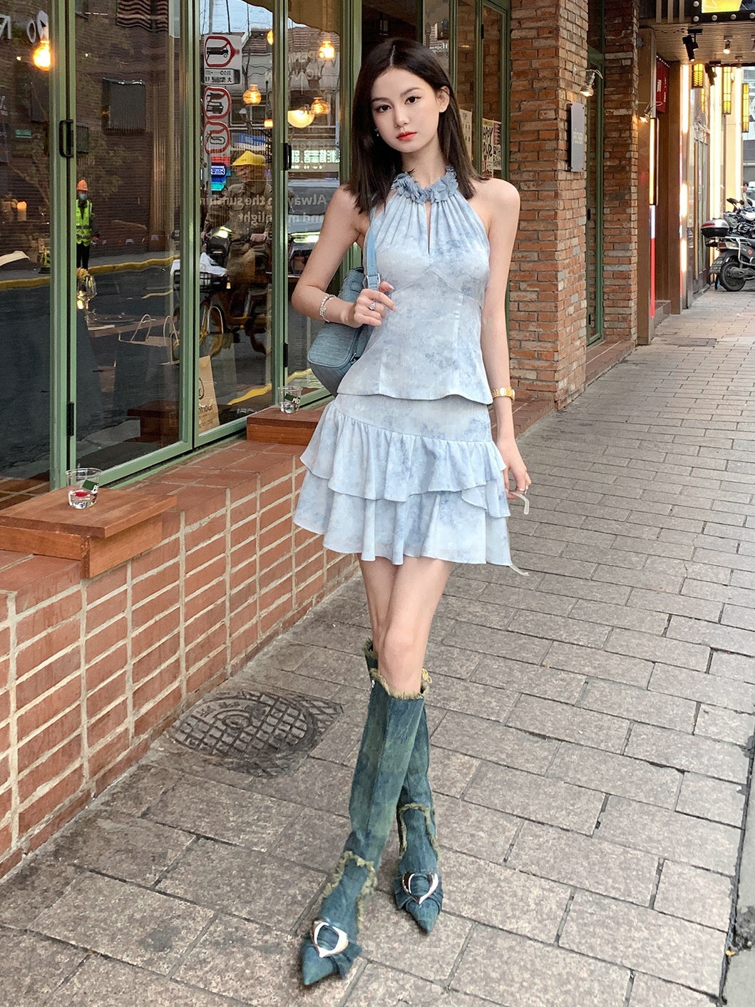 Hanging Neck SleevelessTop & Cake Skirt