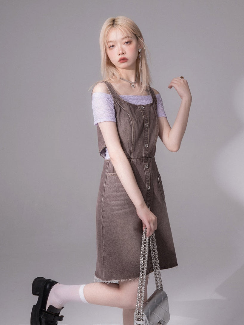 Suspender One-piece & Off-Shoulder T-shirt Set-up