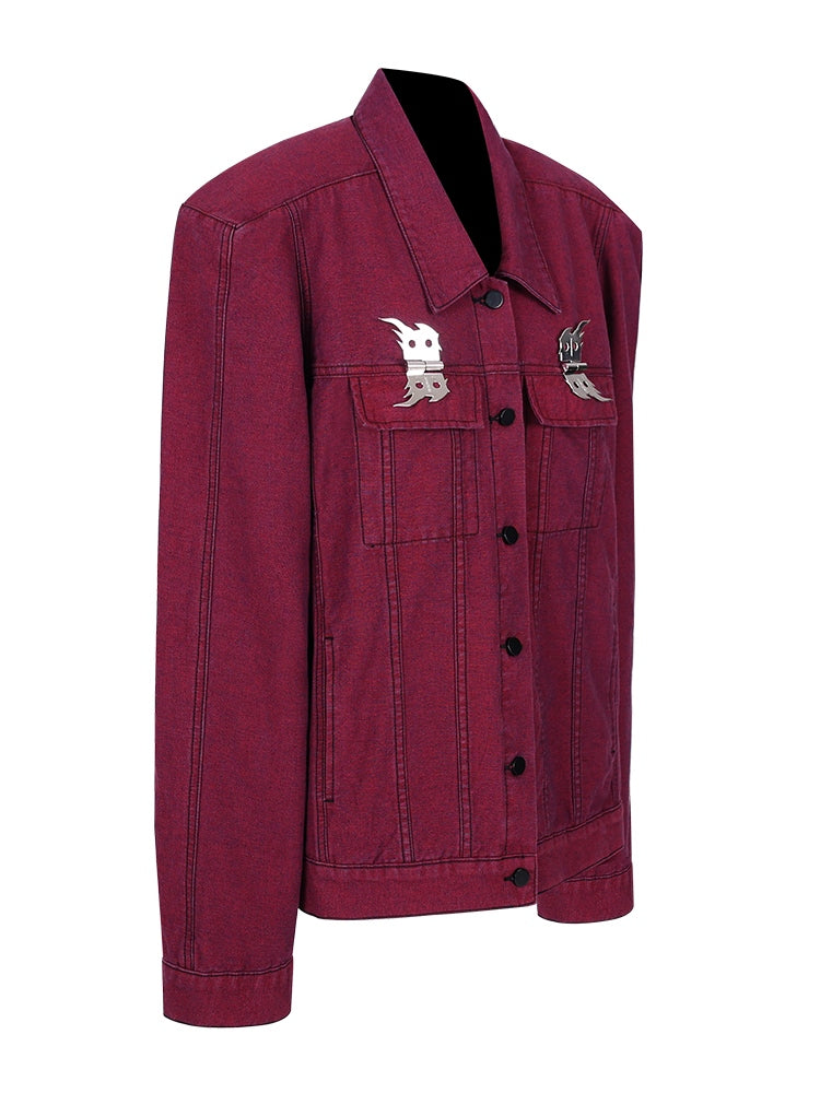 Flame Buckle Shoulder Pad Denim Jacket