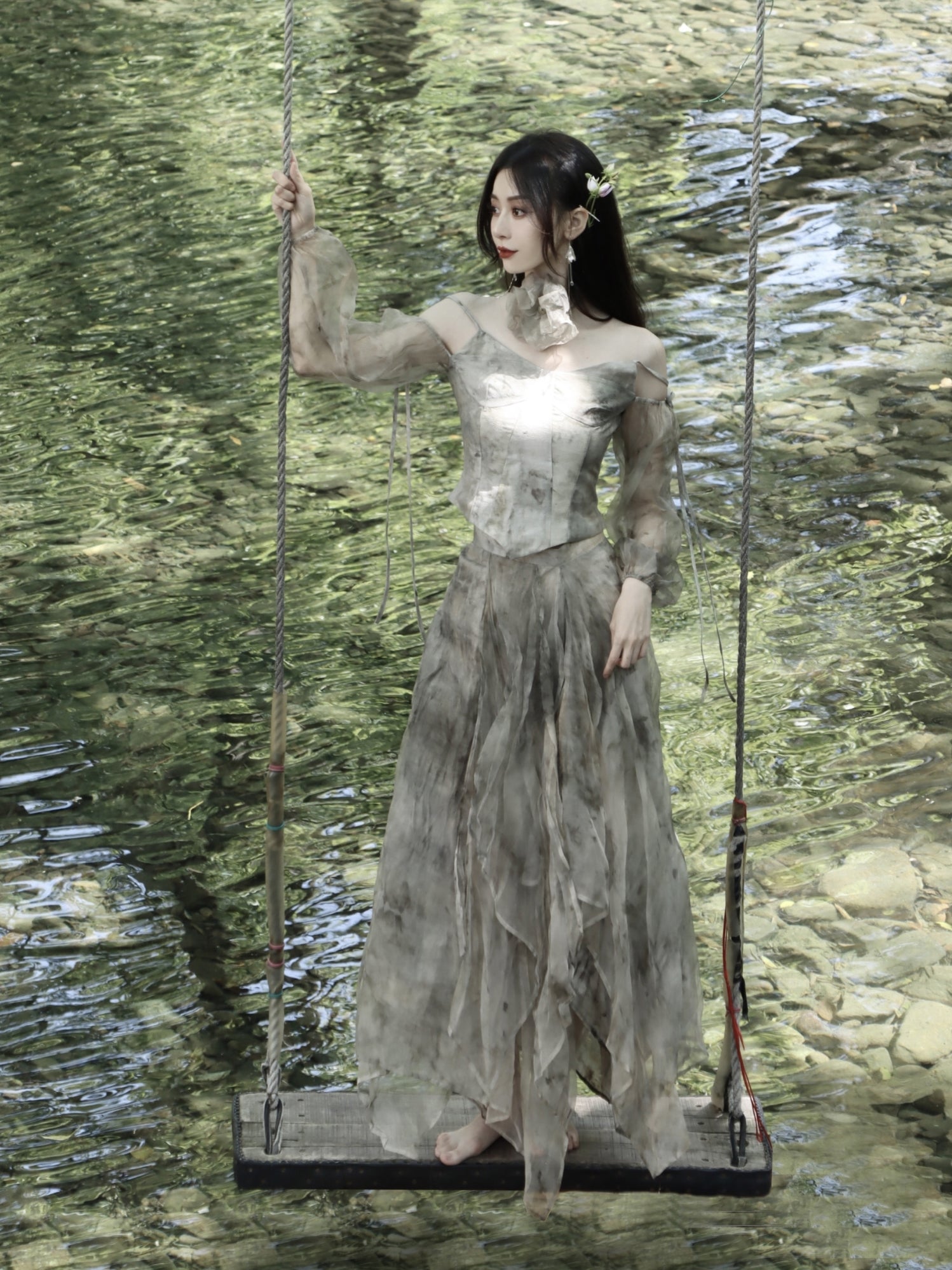 Printed Silk Fairy Puff Sleeve Top