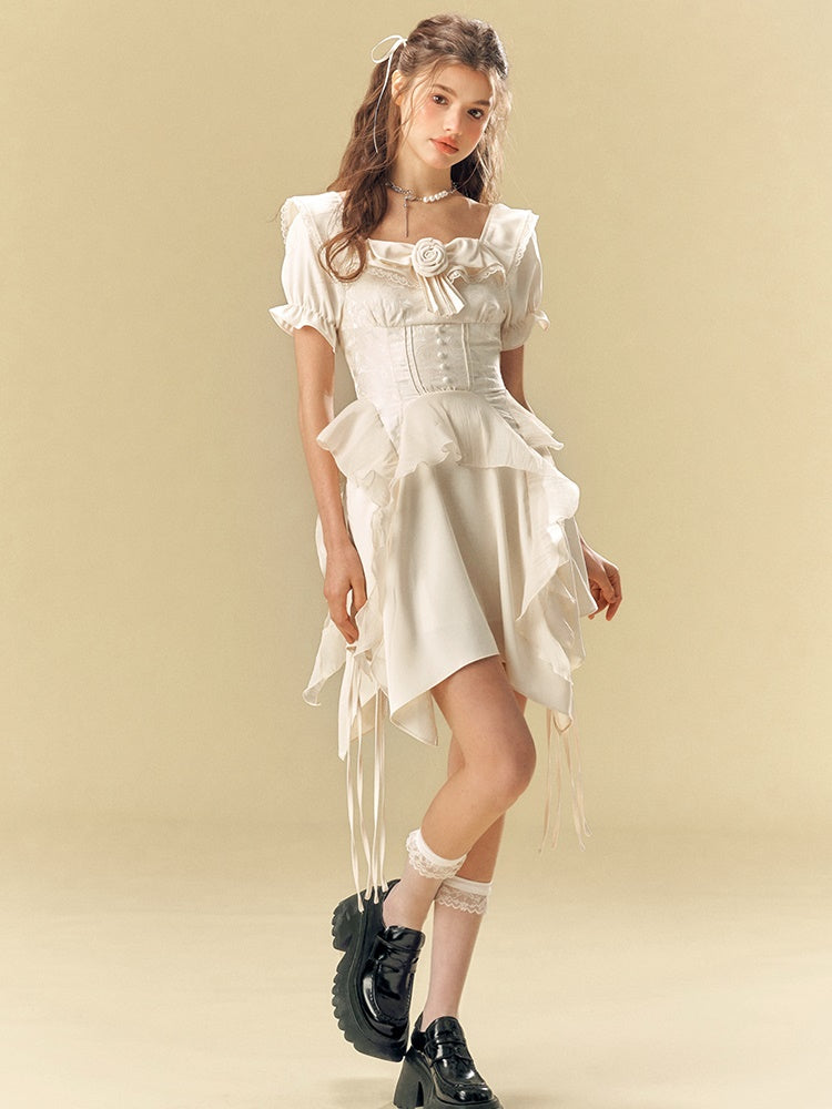 Square Neck Waist IRREGULAR HEM Dress