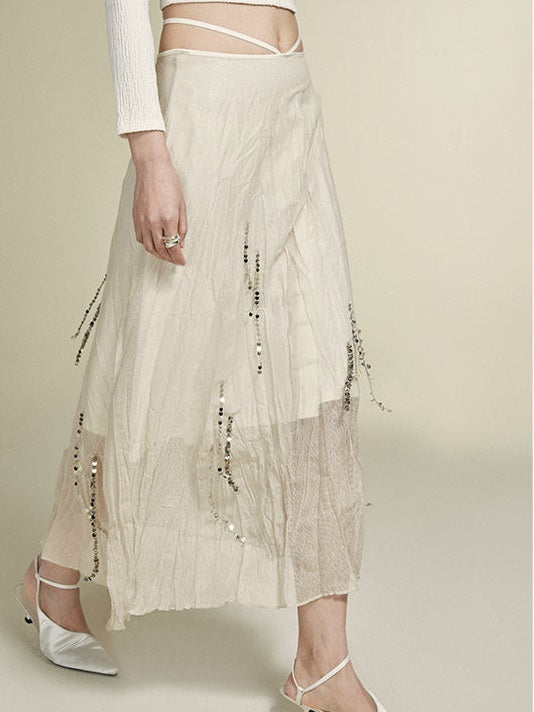 Silver Chain Decoration Sheer Wrinkled Skirt
