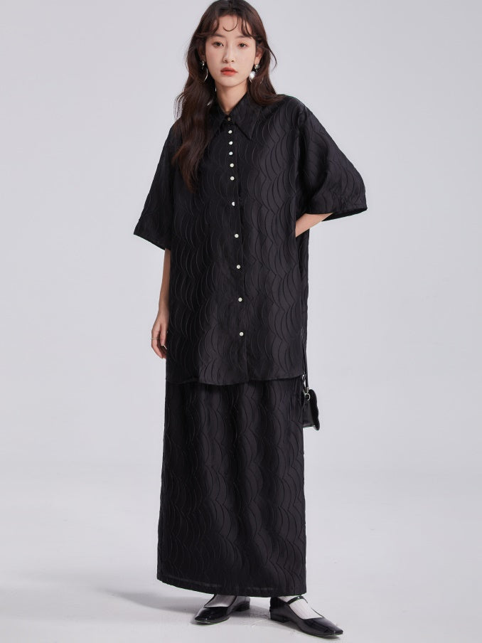 Satin Fish Scale Wrinkle Loose Shirt & Skirt