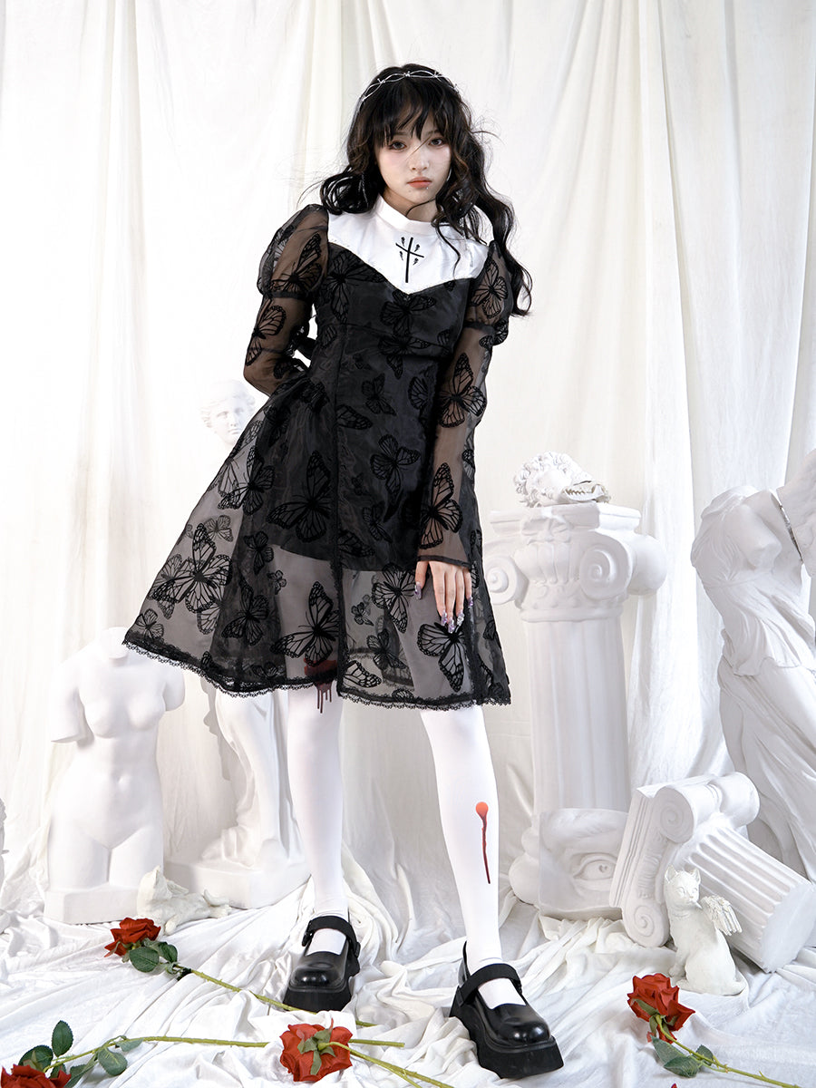 나비 교차 고딕 레이스 플레어 깎아 지른 일체형