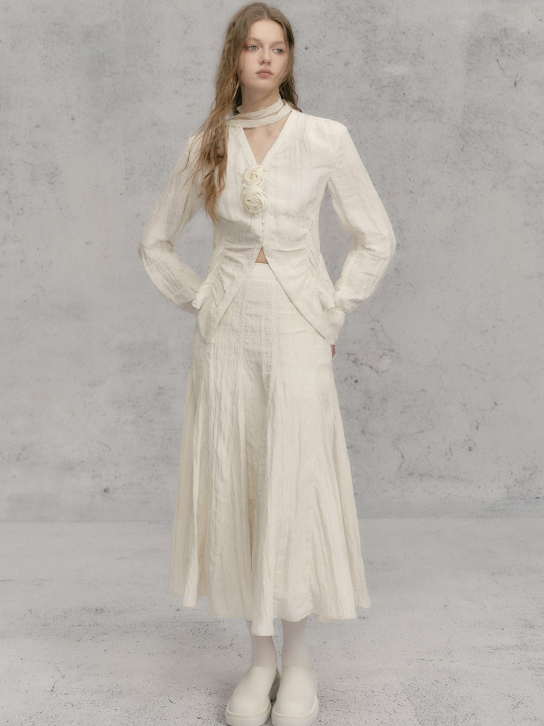 Rose French V-Neck Micro-Waist Shirring Shirt & Skirt