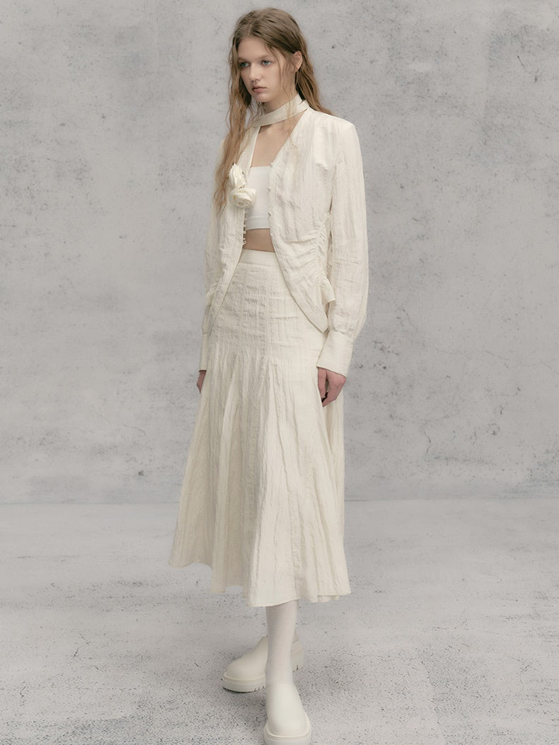 Rose French V-Neck Micro-Waist Shirring Shirt & Skirt