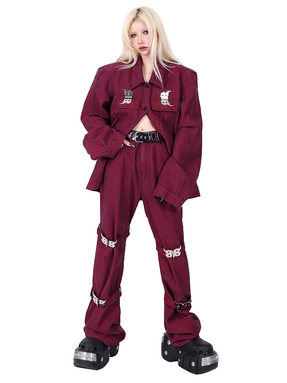 Flame Buckle Shoulder Pad Denim Jacket