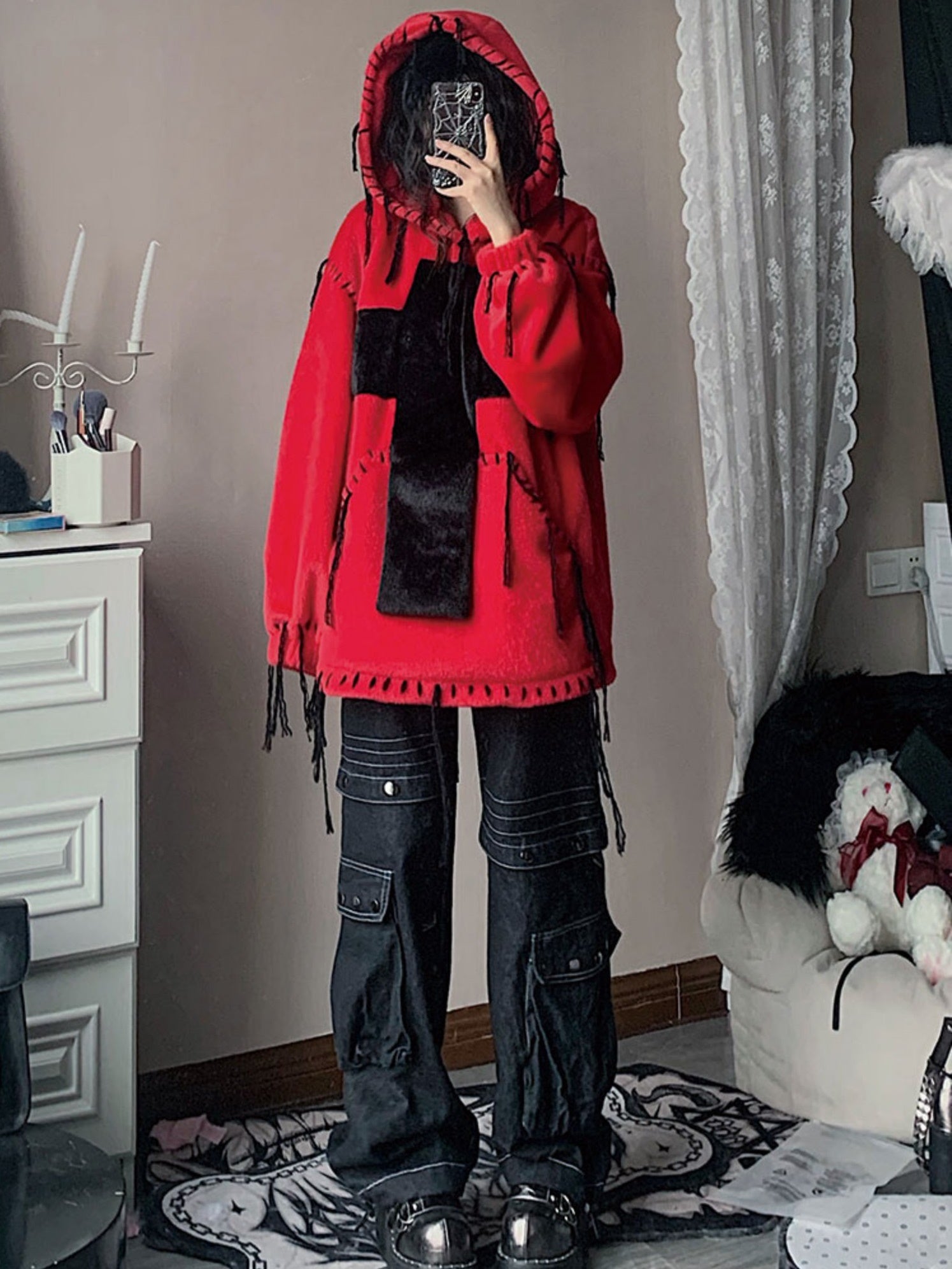 모방 모피 후드 풀 오버