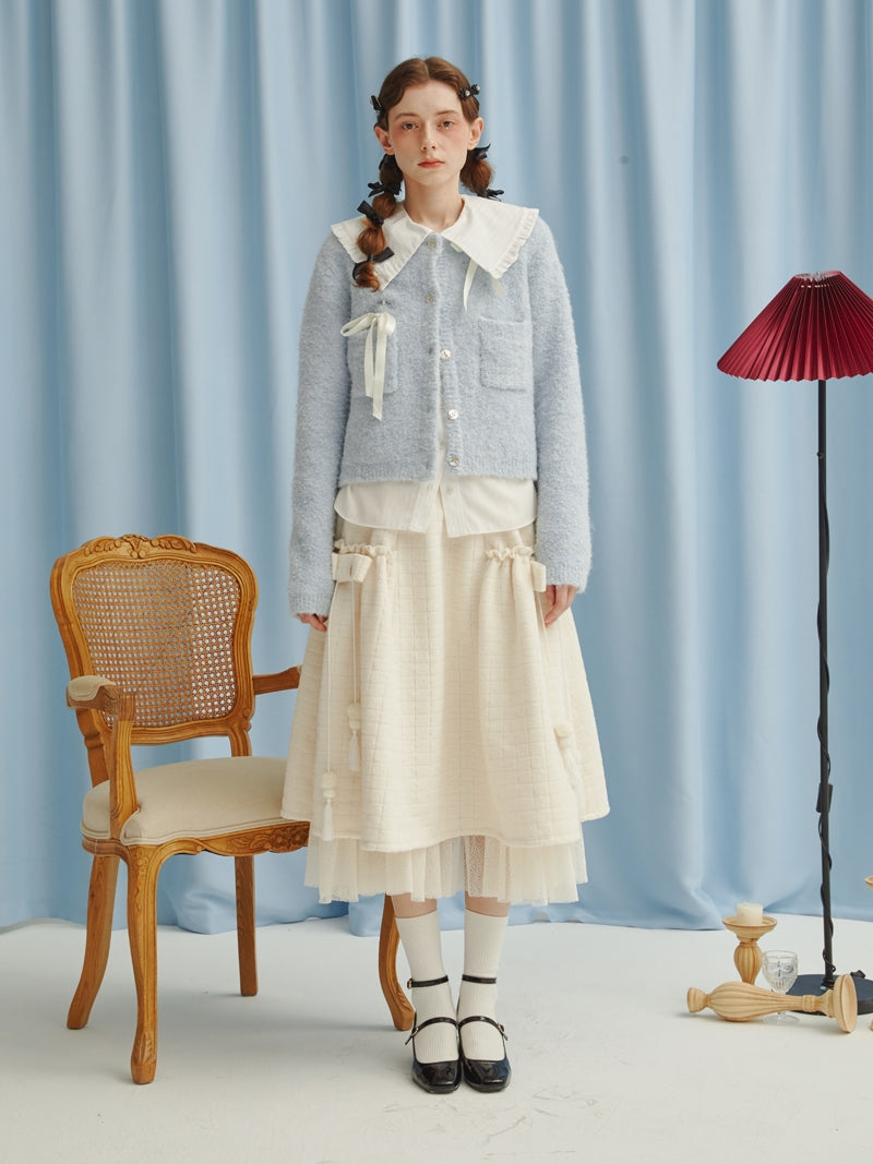 달콤한 귀여운 Peplum 레이스 레이어 푹신한 탑 및 스커트 설정