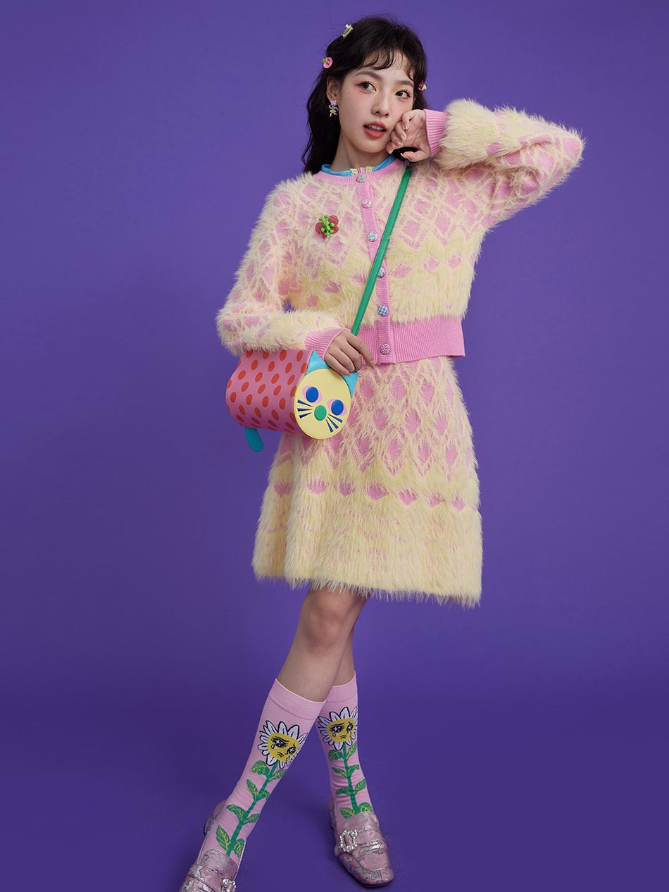 Diamond Check Plush Cardigan & Knitted Skirt