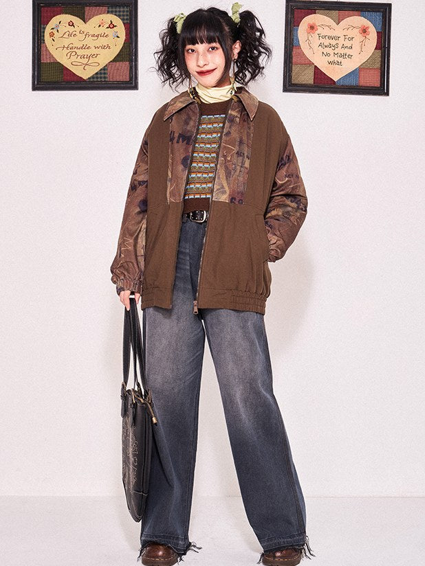 인쇄 패치 워크 드롭 어깨 패딩 재킷