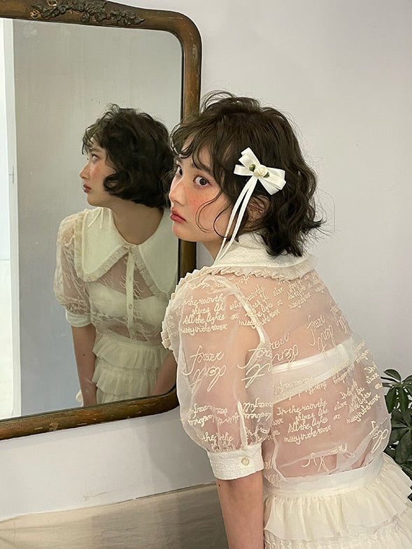 Blouse transparente à manches bouffantes à broderie