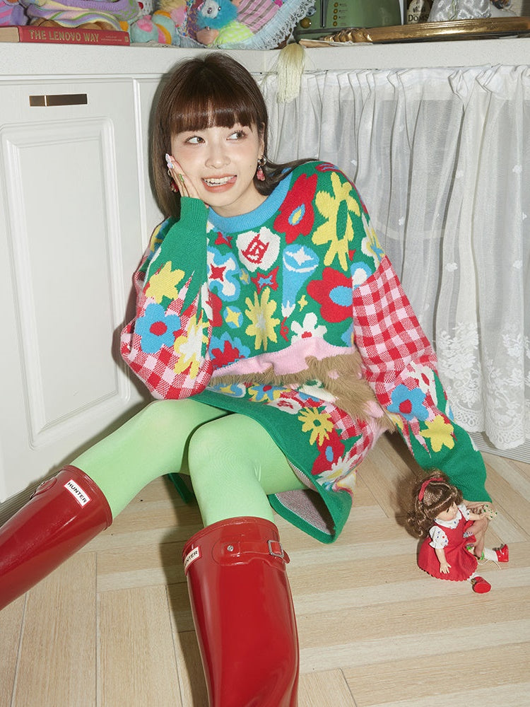 Plaid Plüschbärenblume -Strickpullover & Rock