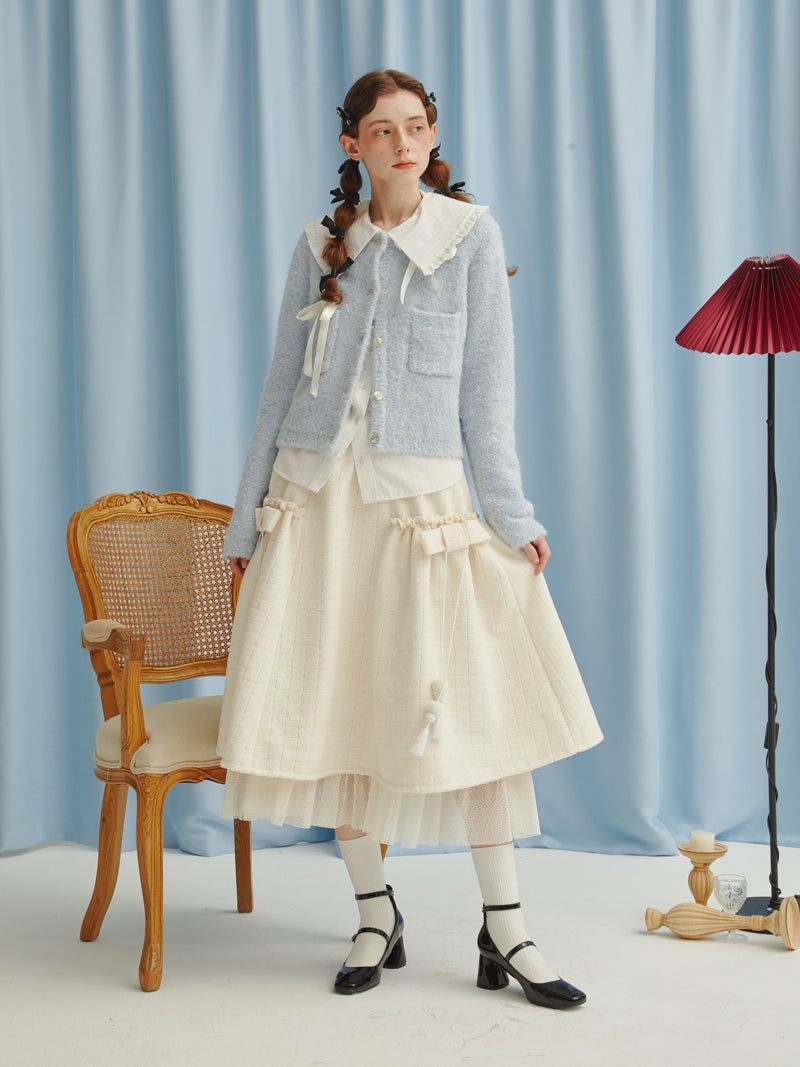 달콤한 귀여운 Peplum 레이스 레이어 푹신한 탑 및 스커트 설정