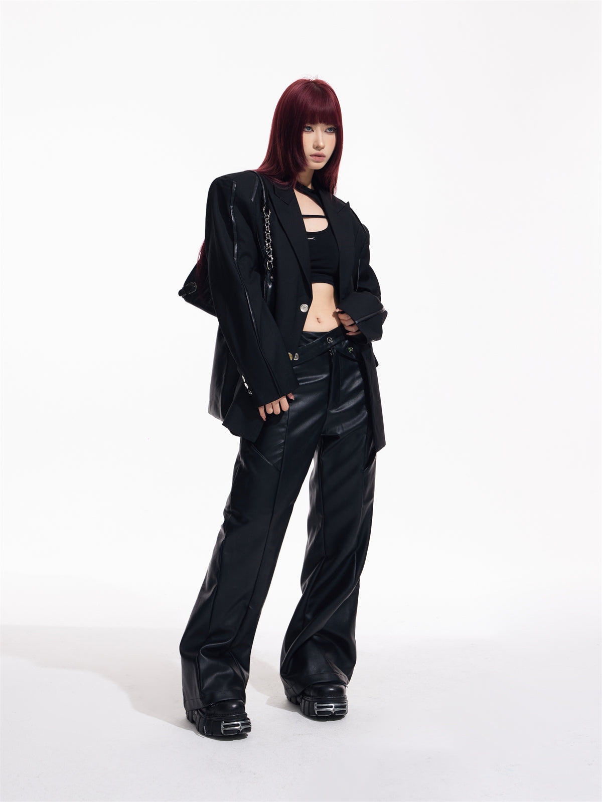 LOOSE PU Leather Patchwork Showder Pad Jacket