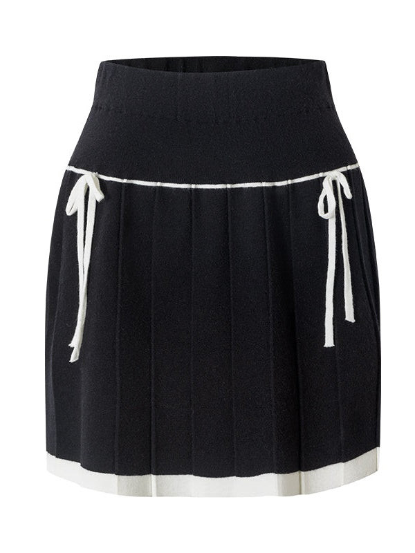Contrast Color Sleeveress Knitted Top & PLEATED SKIRT & SLEEVE