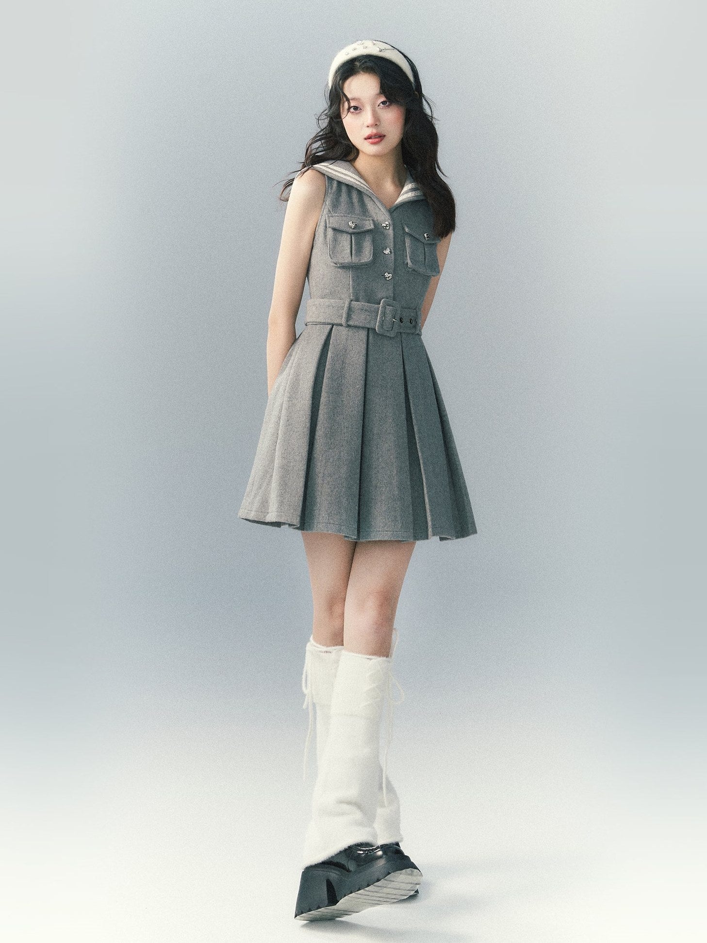 Navy Collar Pleated Dress & Short Jacket