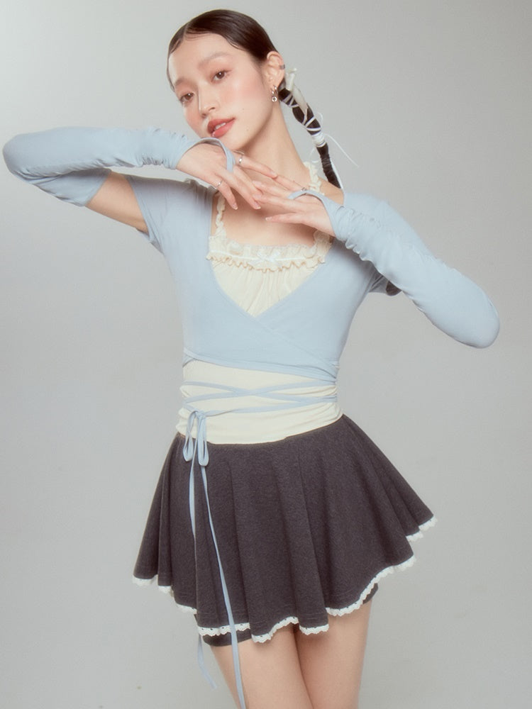 Halter-neck Frill Camisole & Strap Short Cardigan Set-up