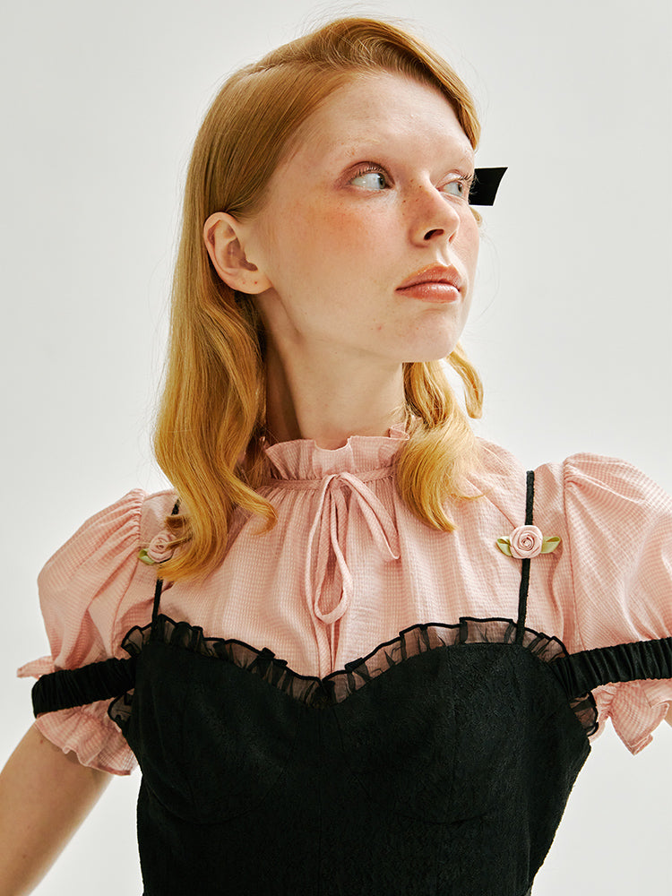 Rose Shoulder Strap Puff Lace Sling Dress