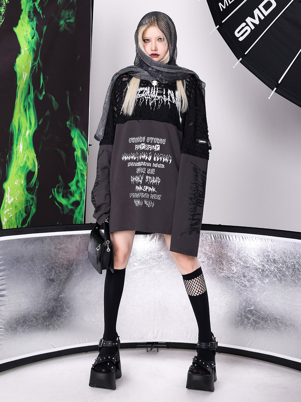 Stacked Stitching Hole Graffiti Long-sleeved T-shirt