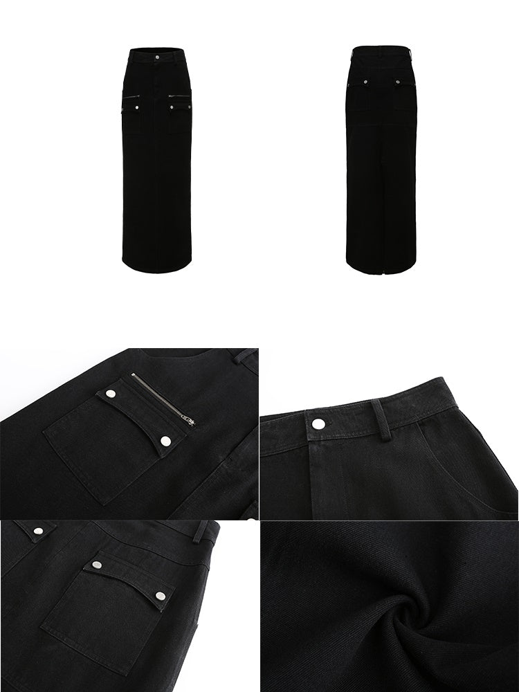 포켓 데님 맥시 저층 치마