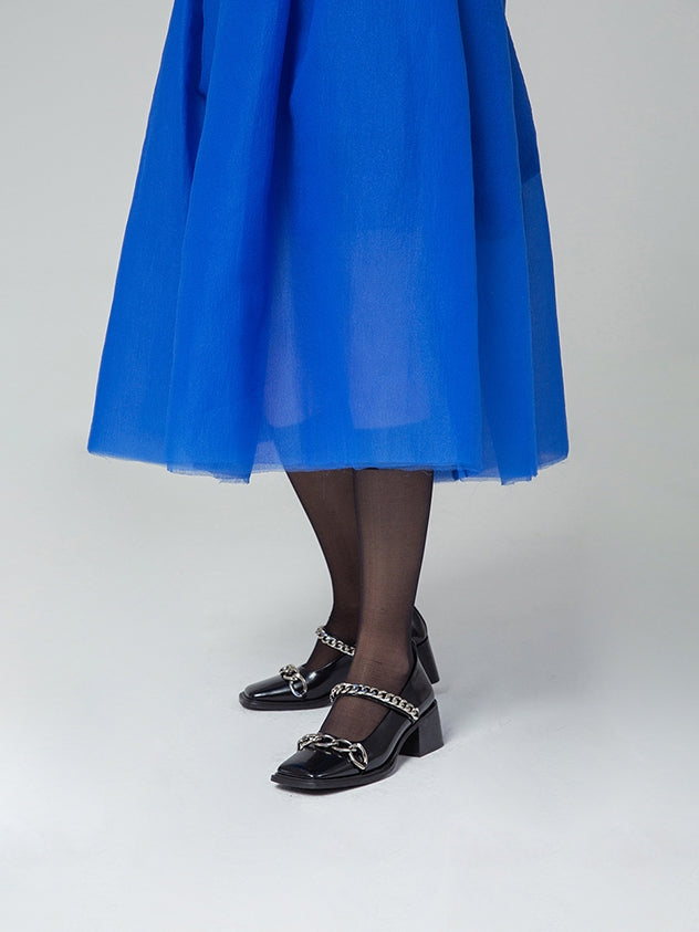 Chain Square-toe Flare-heel Pumps