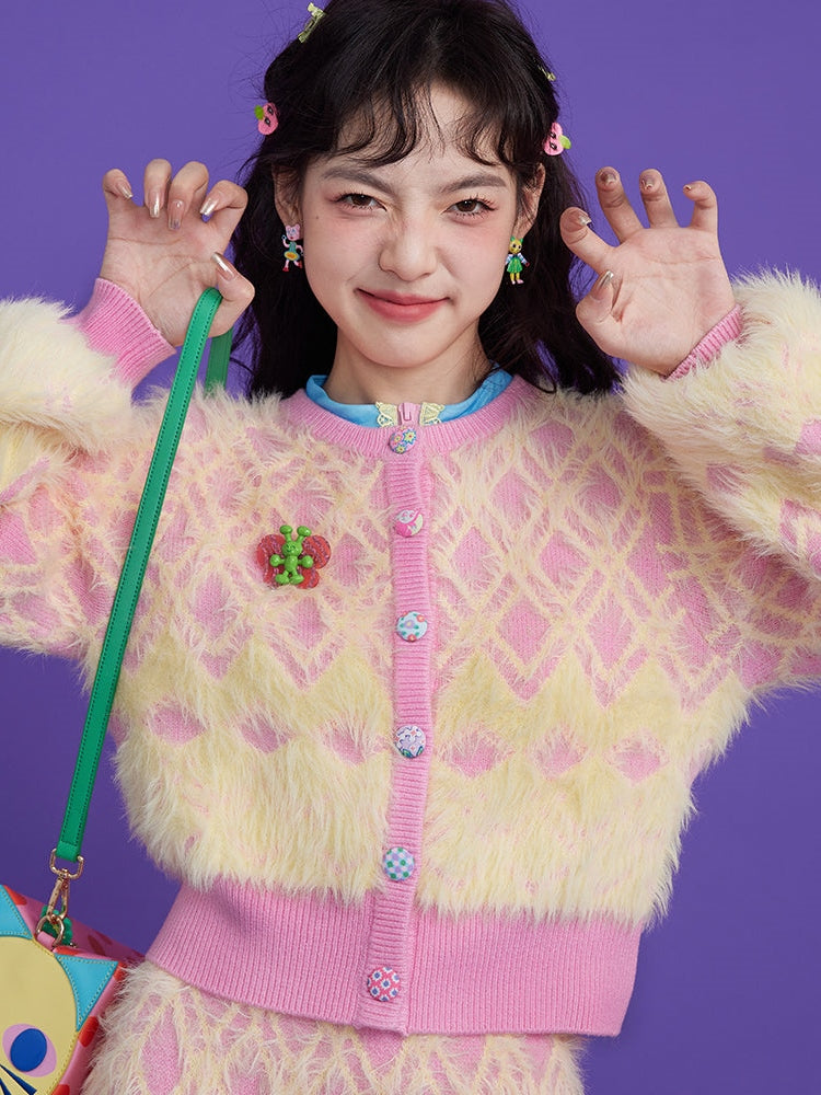 Diamond Check Plush Cardigan & Knitted Skirt