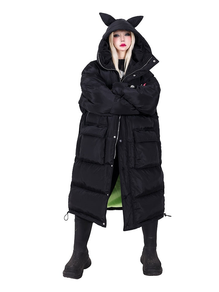 고양이 귀 후드 느슨한 긴면 코트