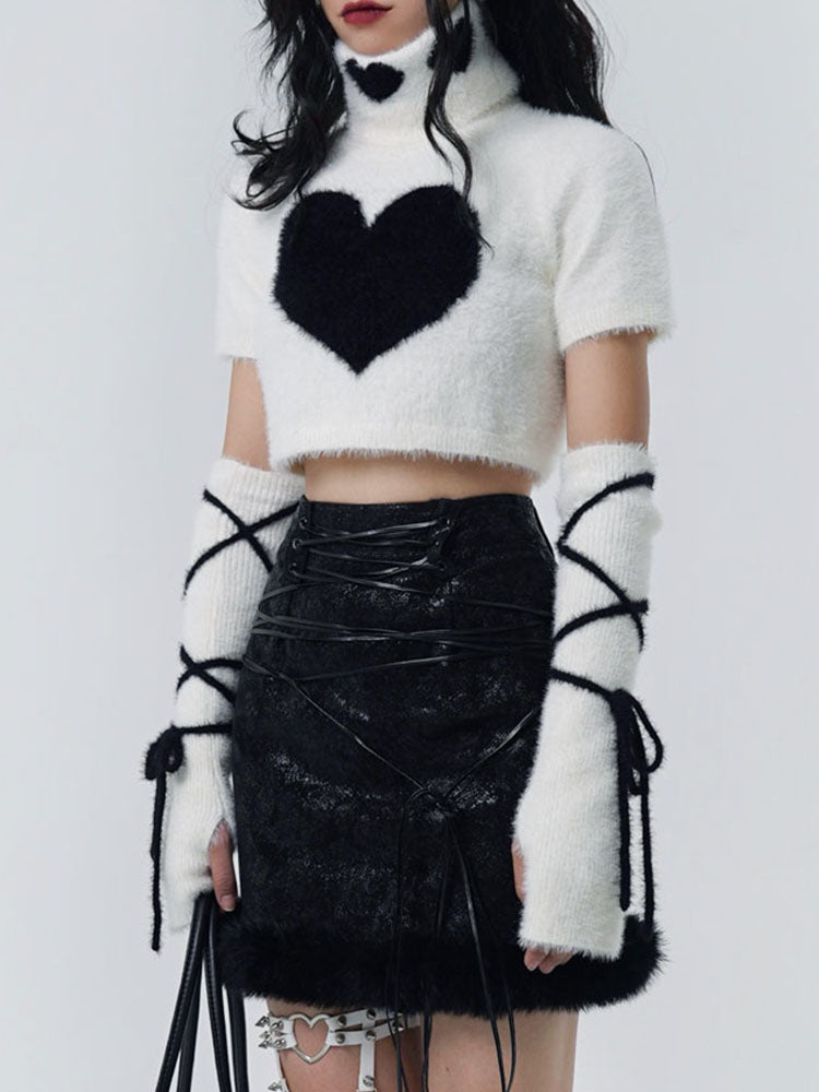 Y2K Knitted TurtleNeck Top & Armwarmer