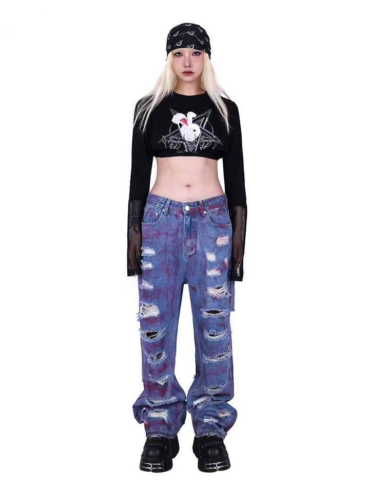 Rock Rabbit Stitching Mesh T-Shirt & Camisole Set