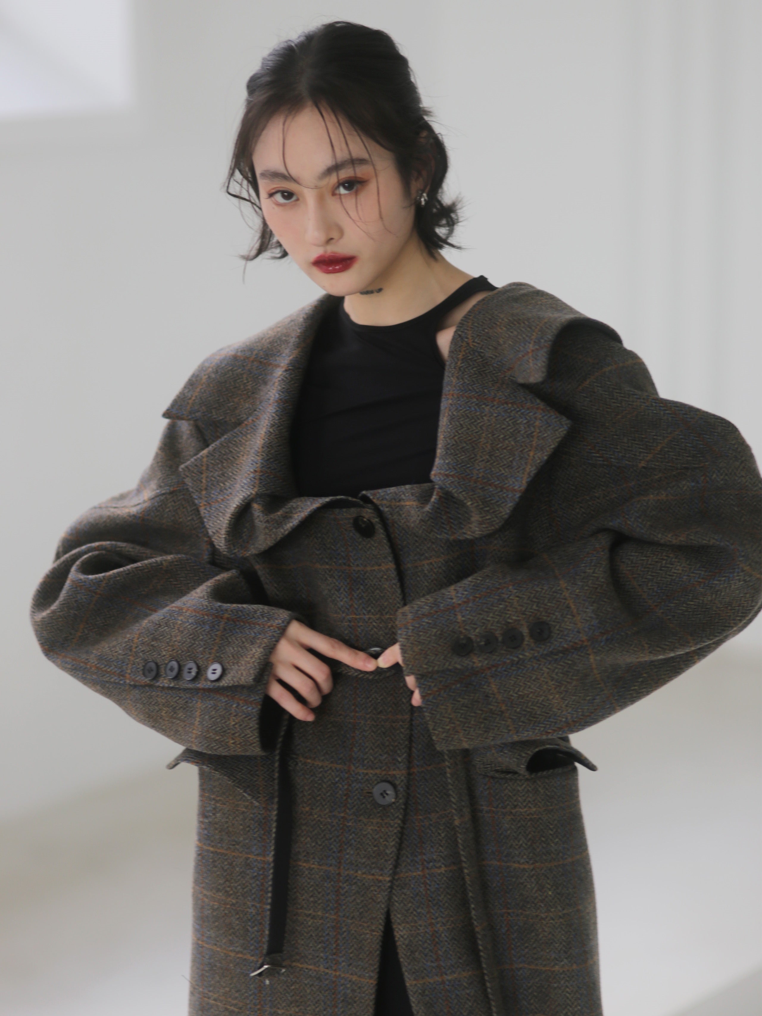 THREE-DIMENSIONAL GENEROUS COLLAR PLAID WOOL LONG COAT