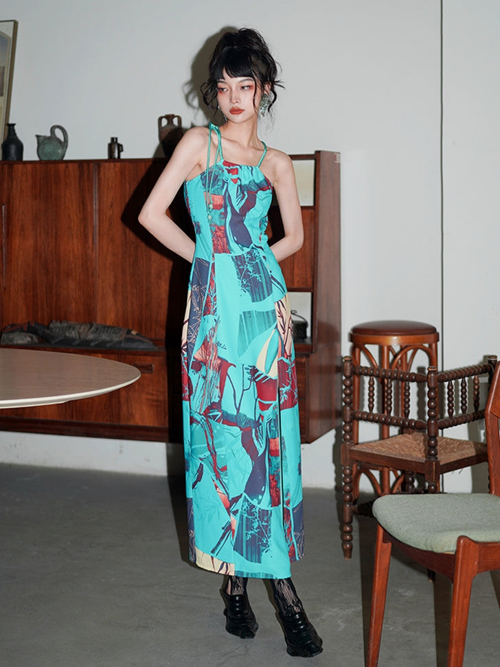 Vintage Print Slim Long Spit Kleid