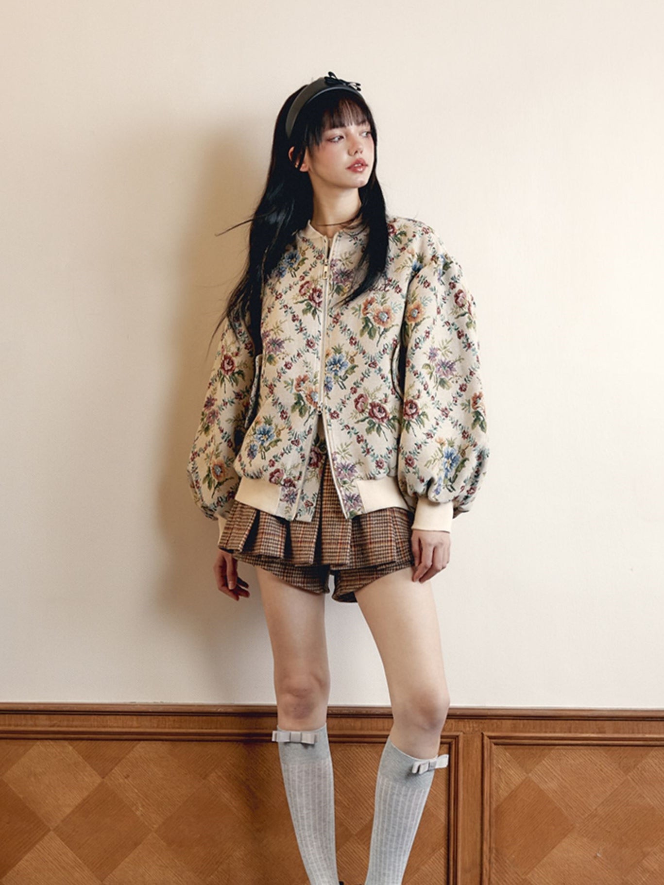 Retro Jacquard Lanternärmel gesteppte Baseballjacke