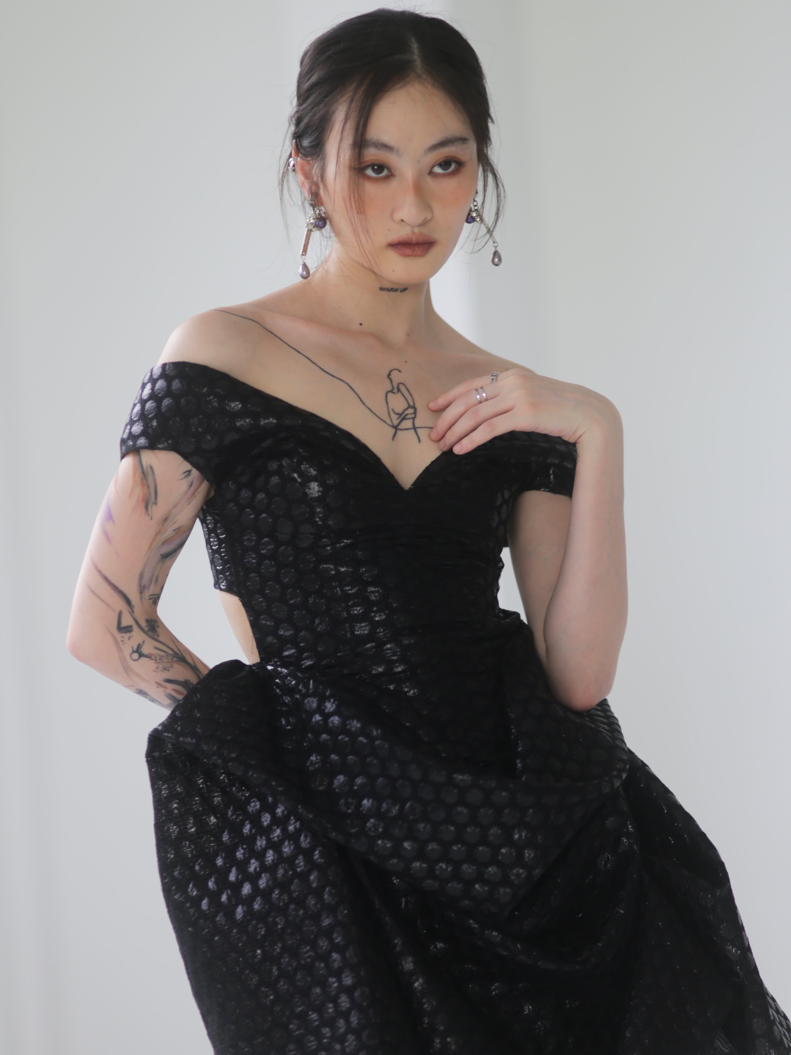 Jacquard Polka Dot Metallic Gloss Black Kleid