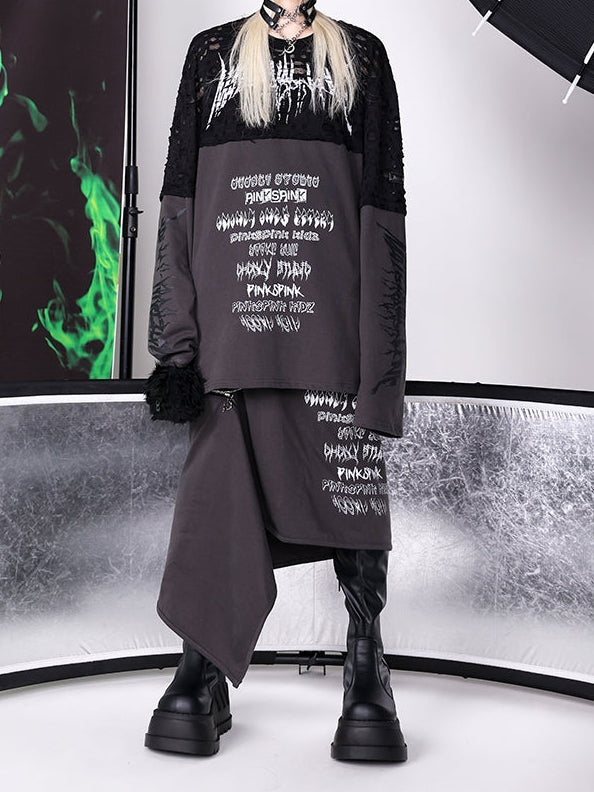 Stacked Stitching Hole Graffiti Long-sleeved T-shirt