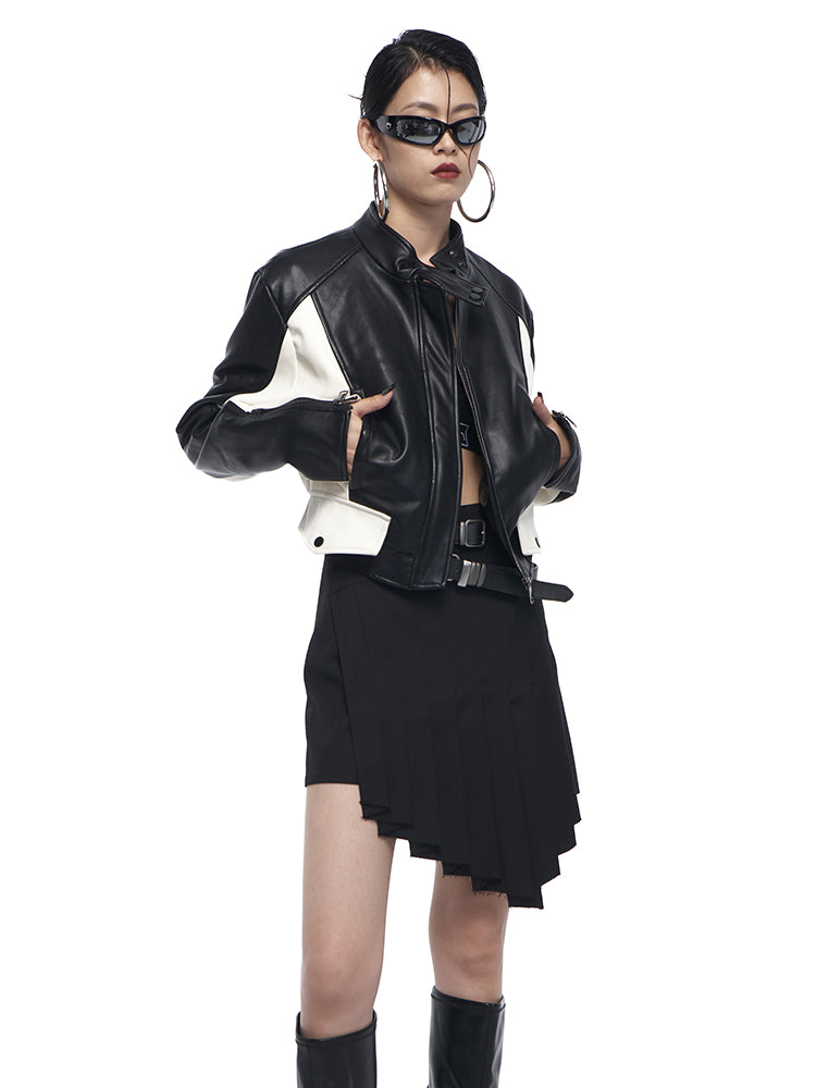 Contrast Color Stand Collar Short Leather Jacket