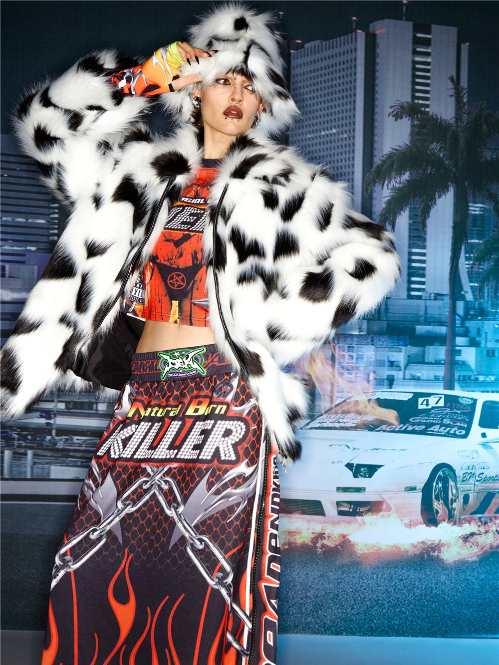 느슨한 모피 코트 & 모자