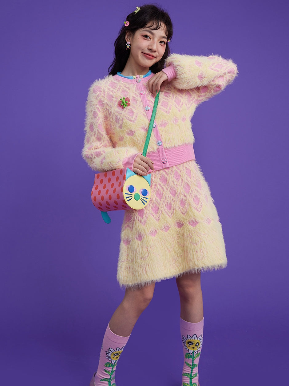 Diamond Check Plush Cardigan & Knitted Skirt