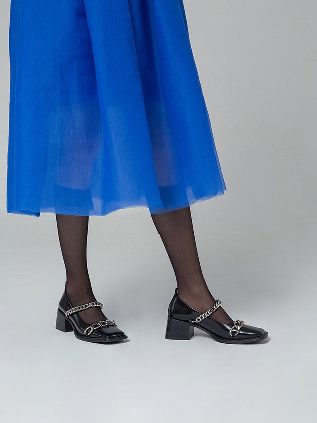 Chain Square-toe Flare-heel Pumps