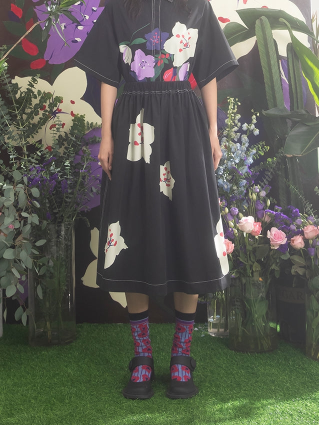 벚꽃 프린트 A- 라인 스커트