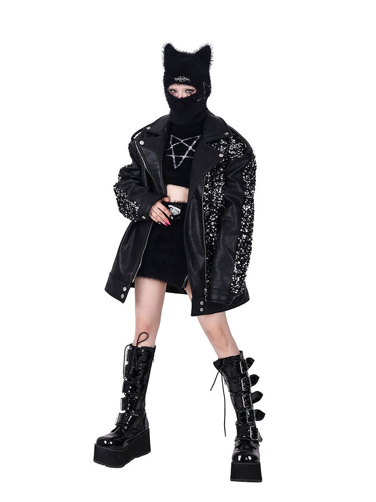 스팽글 별 느슨한 가죽 자켓