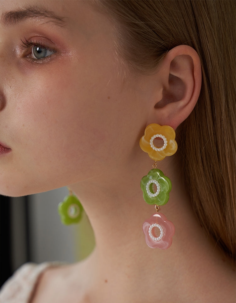 3 색 피는 꽃 긴 귀걸이